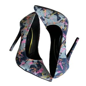 New Shoe Republic LA Denim Colorful Paint Splatter Pointy Toe Heels Size 6.5